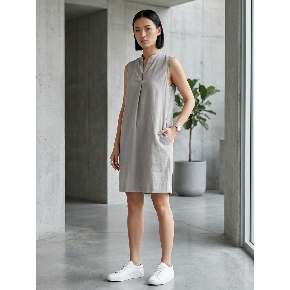 Uniqlo Minimalist midi dress M Gray Linen Pockets Sleeveless V-neck Lagenlook